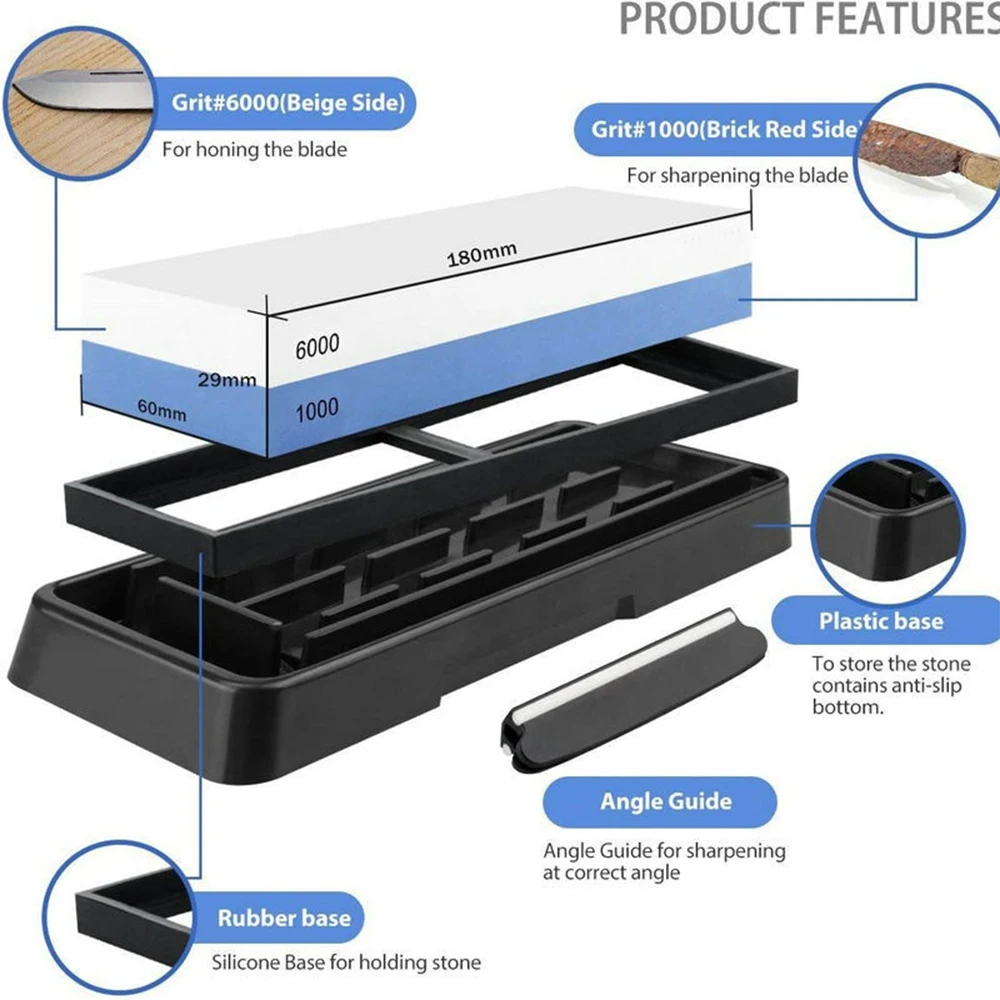 Knife Sharpening Stone Set 1000/6000 2 Side Whetstone Knife Sharpener Wet Stone Sharpening Kit with Non Slip Base Flattening