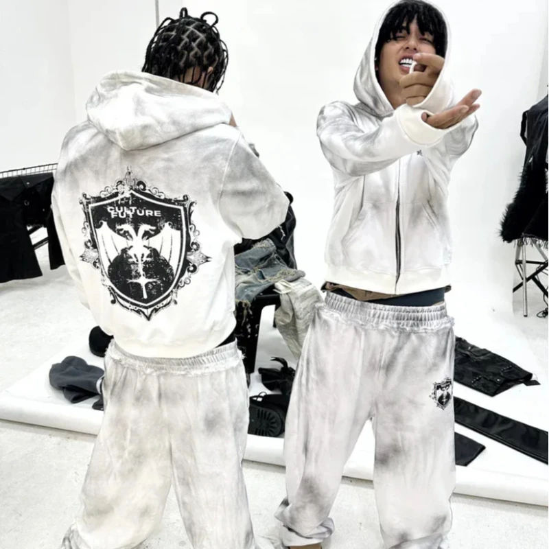 طقم سويت شيرت وسراويل مطبوعة عتيقة جديدة للخريف والشتاء لمواصفات ملابس الشارع، ملابس خارجية متعددة الاستخدامات للرجال