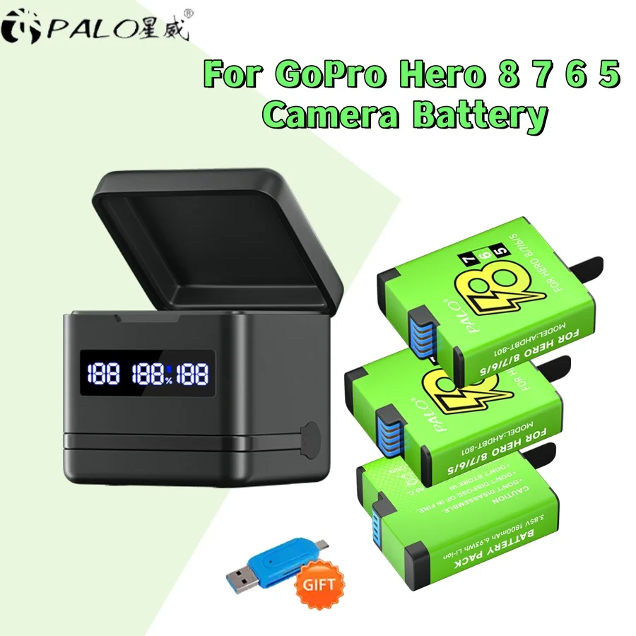 PALO 1800mAh Battery For GoPro Hero 5 6 7 8 Battery with 3-Slots Storage Box LCD Charger For Go Pro 8/7/6/5 Sport Camera
