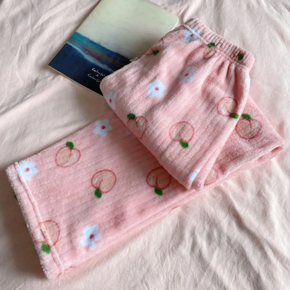 Kawaiii Bowknot Peach Pajama Pants Nightwears Loose Coral Fleece Pants Elastic Fabric Sweet Flower Fleece Trousers Sleepwear