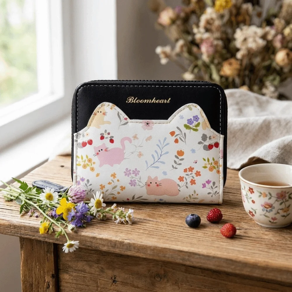 Sweet Cartoon Cat Floral Print Wallet PU Leather Zipper Closure Short Wallet Multi Card Slots Slim Coin Purse Handheld