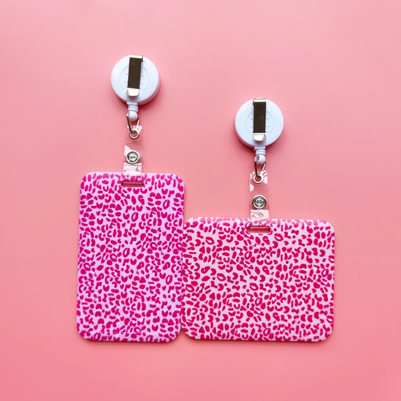 Rosa Ausweishalter mit Leopardenmuster, Schlüsselband, Schlüsselanhänger, Damen-Kreditkartenetui, Umhängeband, Ausweishalter, Ausweishalter, einziehbarer Clip – Detail 12