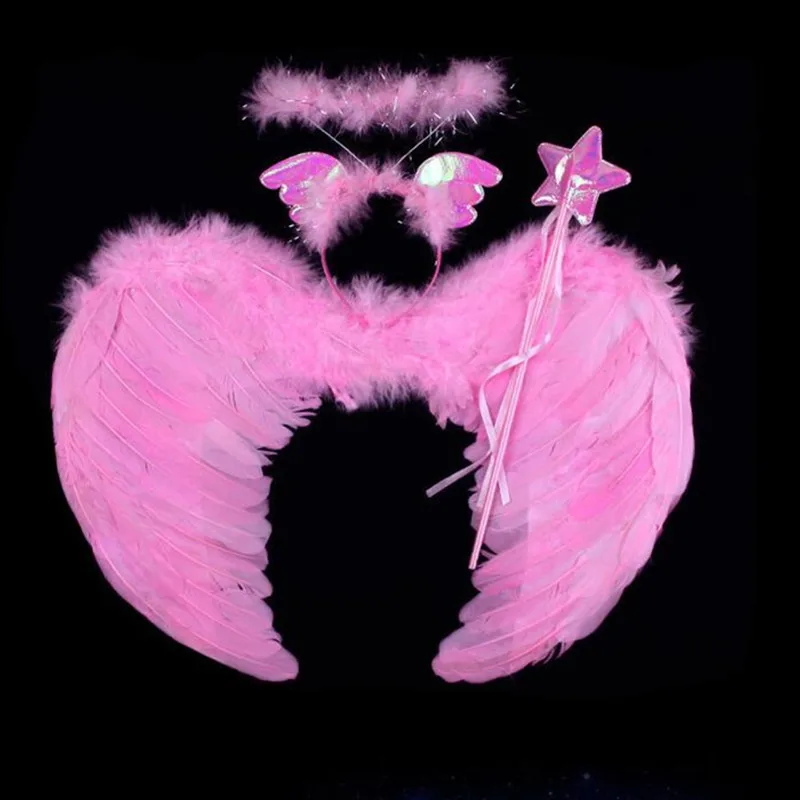 

Girls White Pink Feather Plush Angel Wings Headband Magic Wand Cosplay Masquerade Party Costumes Christmas Headwear