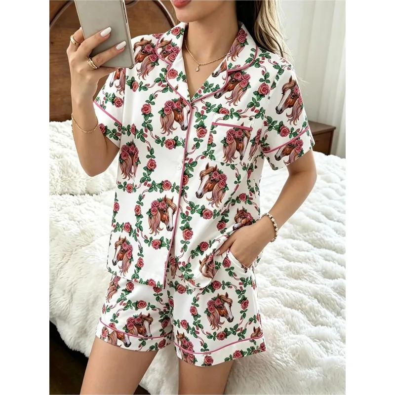 Women's Pajama Set: White Horse and Rose Pattern Short-Sleeved Button-Up Top and Shorts - Cute and Casual Home Wear
