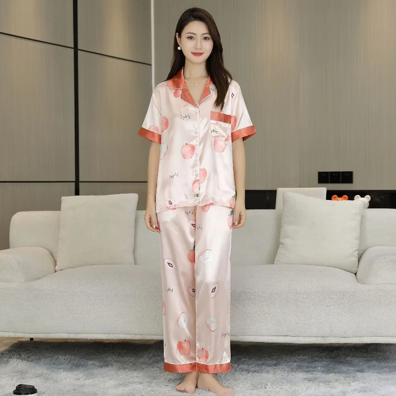 

Женский летний комплект из искусственного шелка: пижама с коротким рукавом, брюки и кардиган, 2 предмета, для сна и отдыха