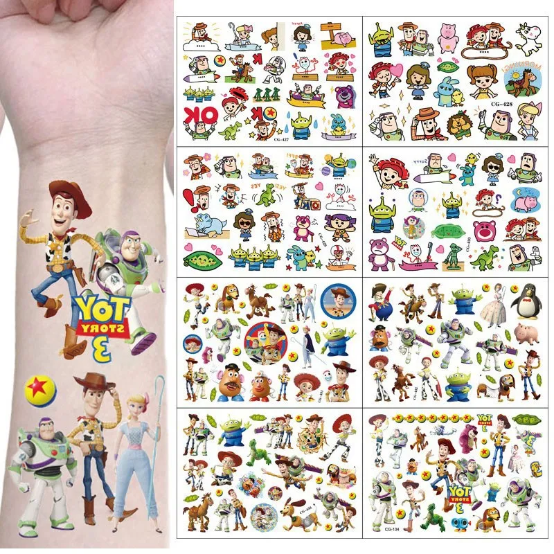 Pegatina de tatuaje de Toy Story de Disney para niños y niñas, juguete de dibujos animados de Woody, Buzz Lightyear, 1 piezas