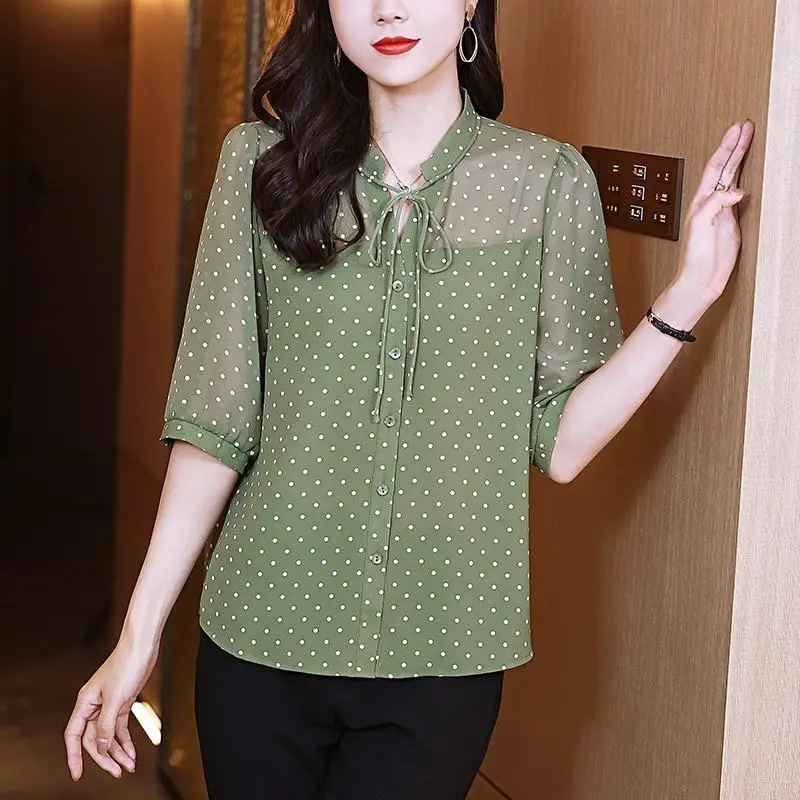 Women\'s Clothing Dot Printed Lace Up Elegant Shirts Summer Korean Fashion Half Sleeve Thin Blouses Office Lady Casual Tops Blusa