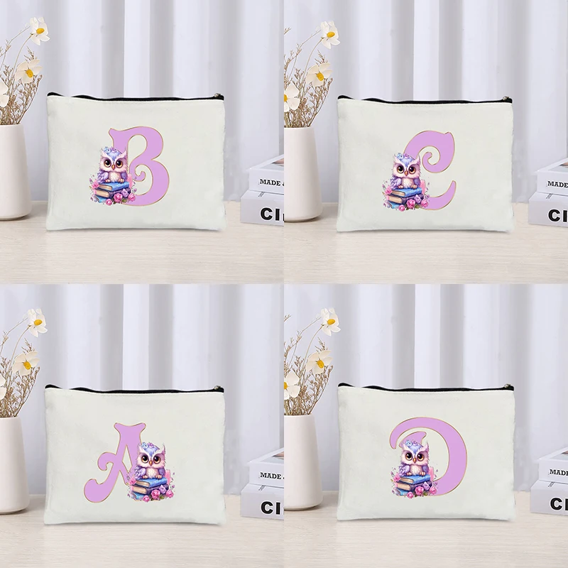 Bird Initials Canvas Cosmetic Bag Organizer Travel Zipper Storage Pouch Office Supplies Pencil Case Wallet Birthday Party Gifts