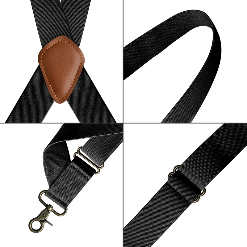 Side Clip Suspenders Adjustable Elastic Trouser Braces with Antique Bronze Buckles Casual Workwear Heavy Duty X Back for Men