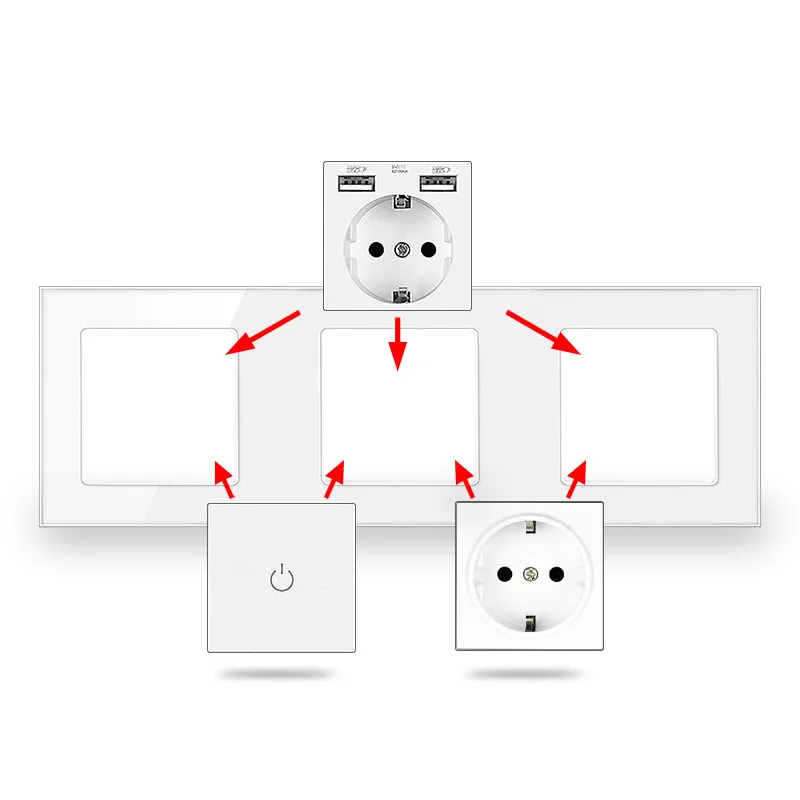 Eu White Crystal Gehard Glas Panel Touch Light Switch Duitse-Franse Stopcontact Met Usb Schakelaar RJ45 Module Combinatie diy