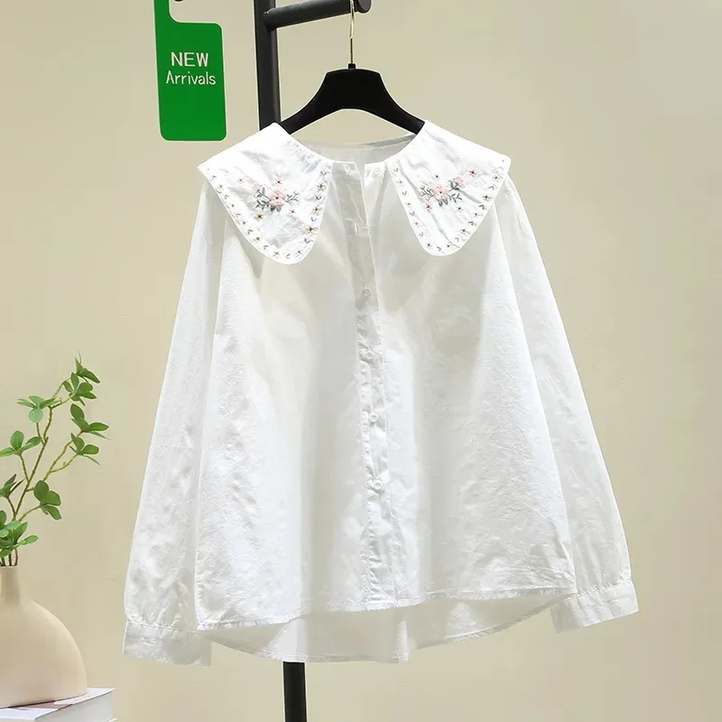 Women's Peter Pan Collar Blouse Floral Embroidered Oversized Cotton Shirt