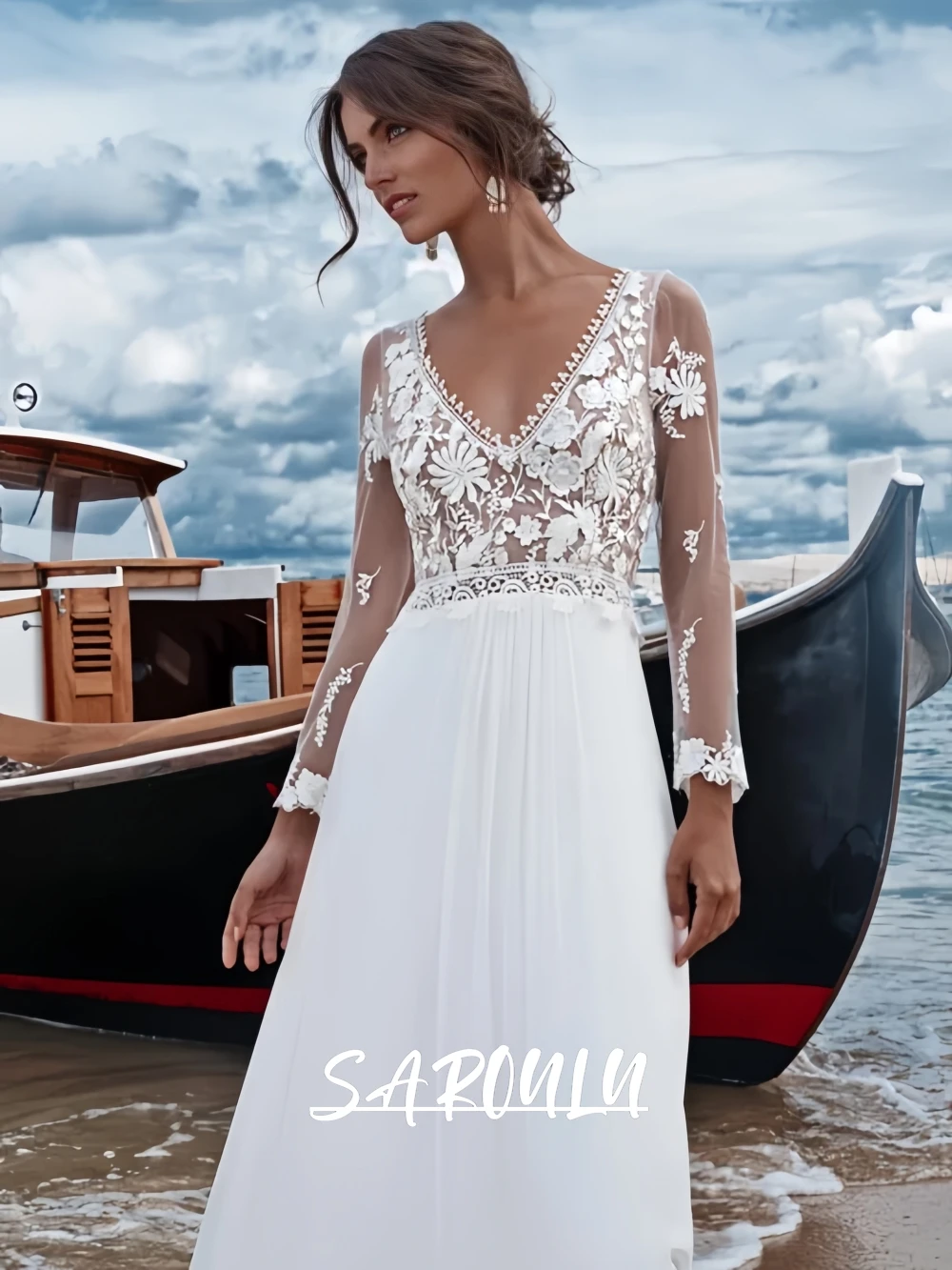 

Cheap Bohemian Wedding Dress for Women 2025 Long Illusion Sleeves Chiffon Beach Bridal Gown Customized Women's Bridal Gown