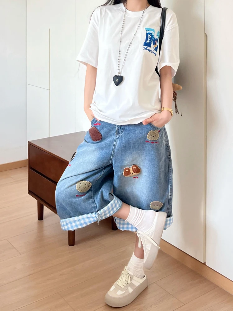 

American Style Loose Fit High Waist Denim Pants Women's Summer Slim Straight Wide Leg Midi Pants Cartoon Embroidery Detail