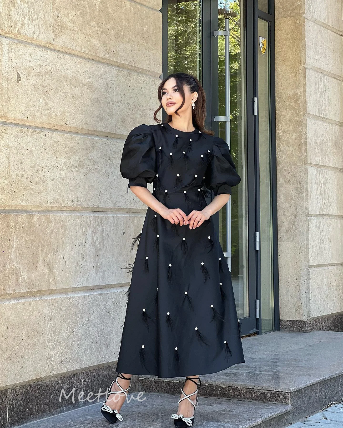 Meetlove-Vestidos De graduación con cuentas negras, vestido De noche De corte A, Vestidos De Gala para Mujer, vestido Formal De fiesta De noche hasta el tobillo