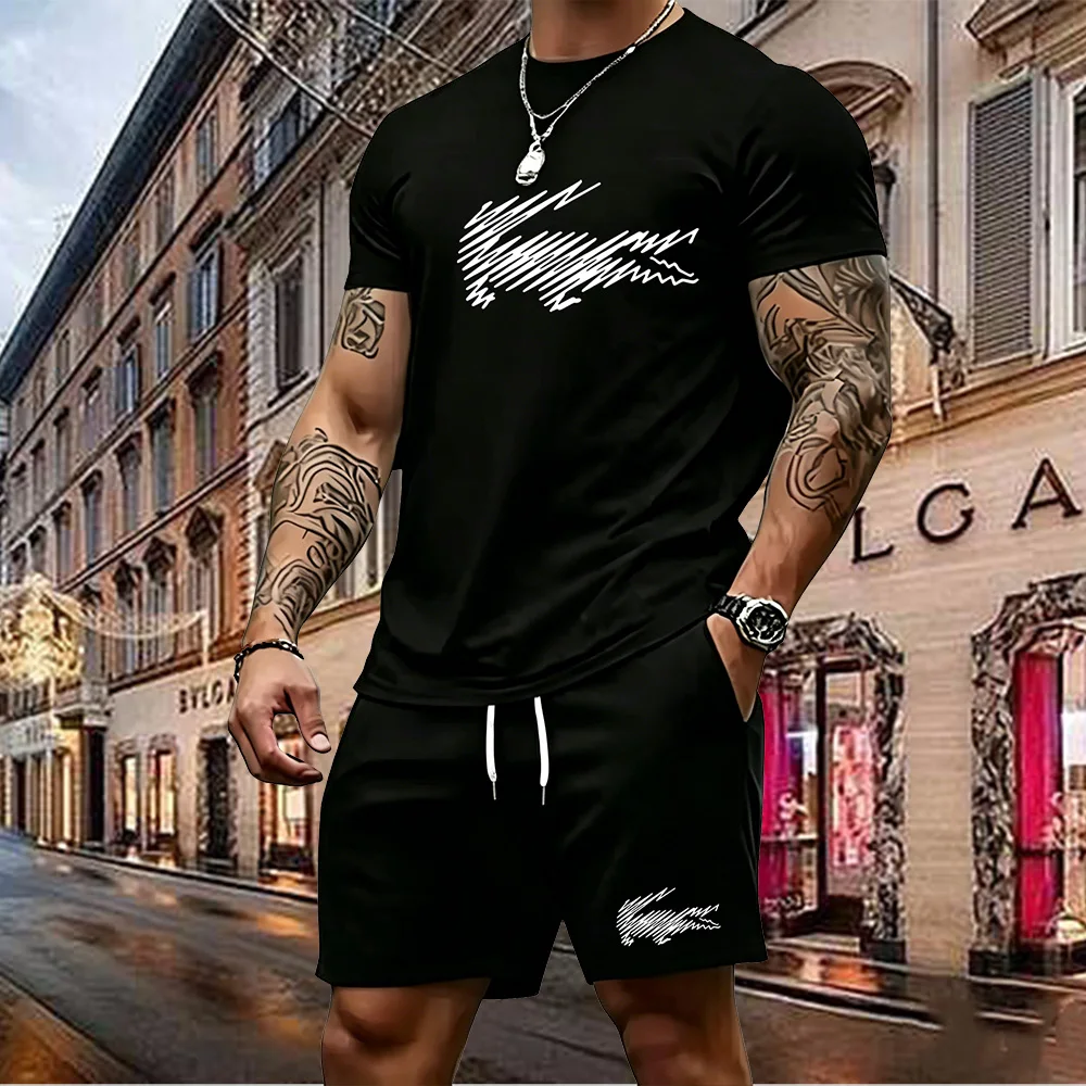 

2026 men's summer quick drying mesh T-shirt set, printed with animal world patterns, casual top with round neck and short sleeve