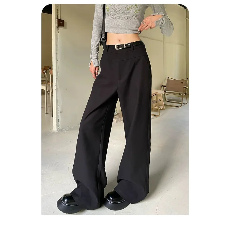 Damskie czarne spodnie garniturowe z szerokimi nogawkami, wysoki stan, drapowane, wąska wersja, spodnie na wiosnę i jesień, codzienne, proste, luźne.