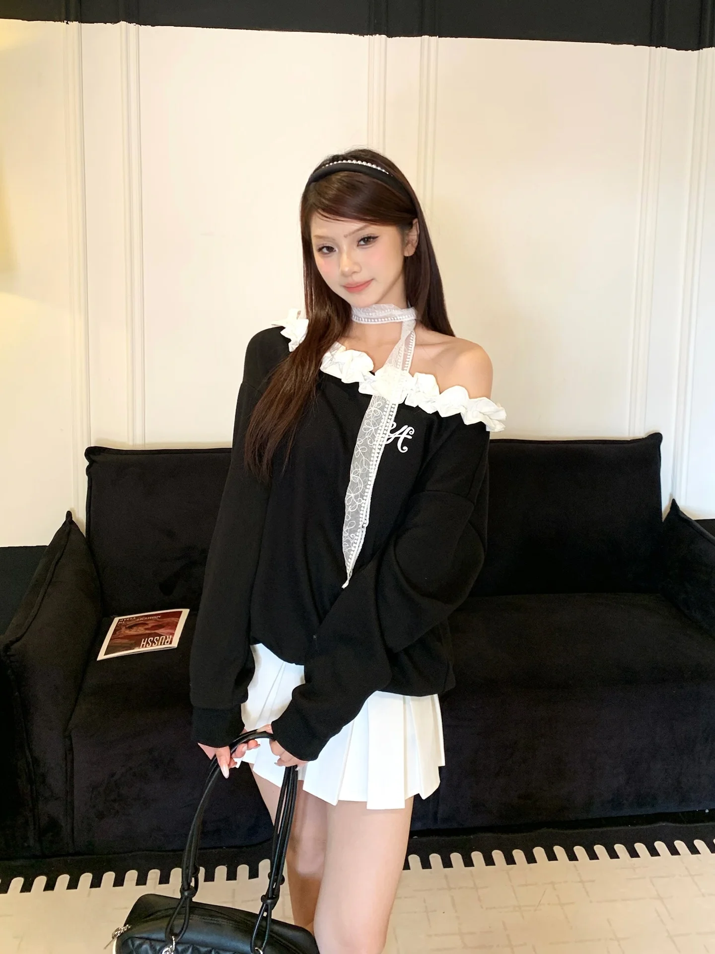 

Женский свитшот с кружевной отделкой и открытыми плечами, с длинными рукавами, в корейском стиле, винтажный, повседневный, свободного кроя, из хлопка, для весны и осени