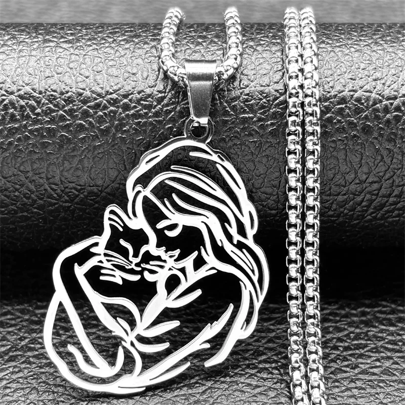 Women Hug Cat Pendant Necklace For Men Stainless Steel Gold Silver Color Hollow Kitty Female Love Pet Peace Chain Jewelry