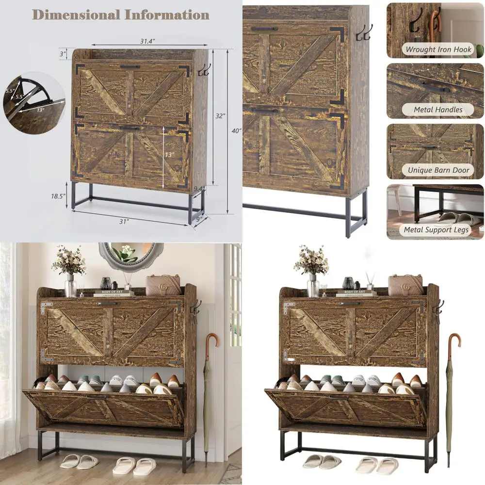 

Farmhouse Style 31.5 Wide Rustic Brown Shoe Storage Cabinet with 2 Flip Drawers and Wooden Legs for Entryway and Hallway