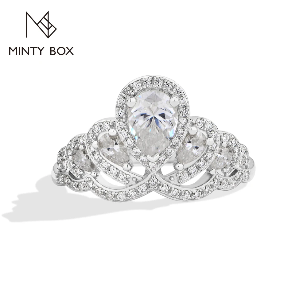 MintyBox Luxury Pear Cut Moissanite Ring forWomen S925 Silver Sparkly Crown Engagement Band Anniversary Gift Jewelry Top Quality