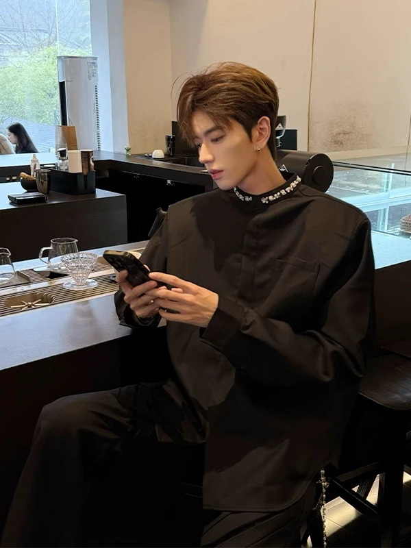 

American Sle Satin ouldered Long Sve irt Youth Faion Breathable Loose Fit Button down Stand Collar Jaet