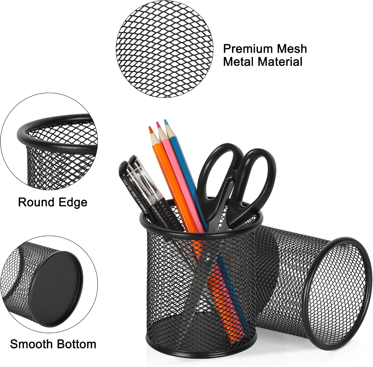 2 Pack Metal Mesh Pencil Holder Desk Organizer Pen Cup Black