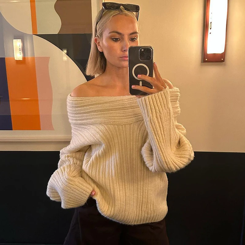 BIIKPIIK Casual Slash Neck Loose Sweaters For Women Concise Fashion Pullover Tops Autumn Outfits Basic All-matched Warm Clothing