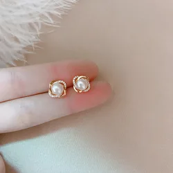 Upscale 14k gold jewelry real gold  Earrings Zircon Pearl Twist Luxury Stud Earrings For Women brincos pendientes bijoux