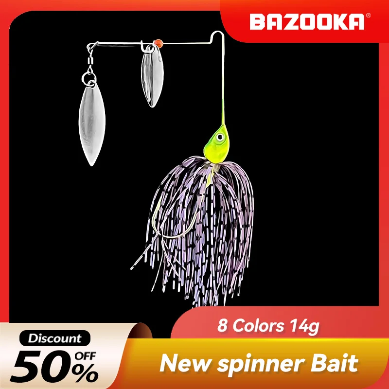 

Bazooka Metal14g Jig spinner bait Fishing Lure Skirts Rubber Metal Sequin Spoon Walleye Buzzbait Head with Rotate Wobbler Bass P