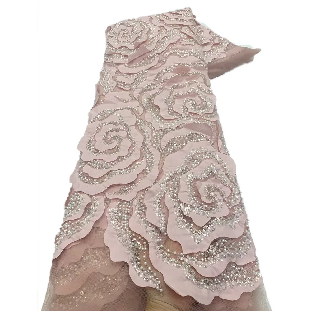 مصبوغ مطرز نسيج الدانتيل والتطريز الفرنسي اللؤلؤ تصميم الأزياء 5 ياردة الترتر مطرز أقمشة الدانتيل لفساتين الزفاف أحدث