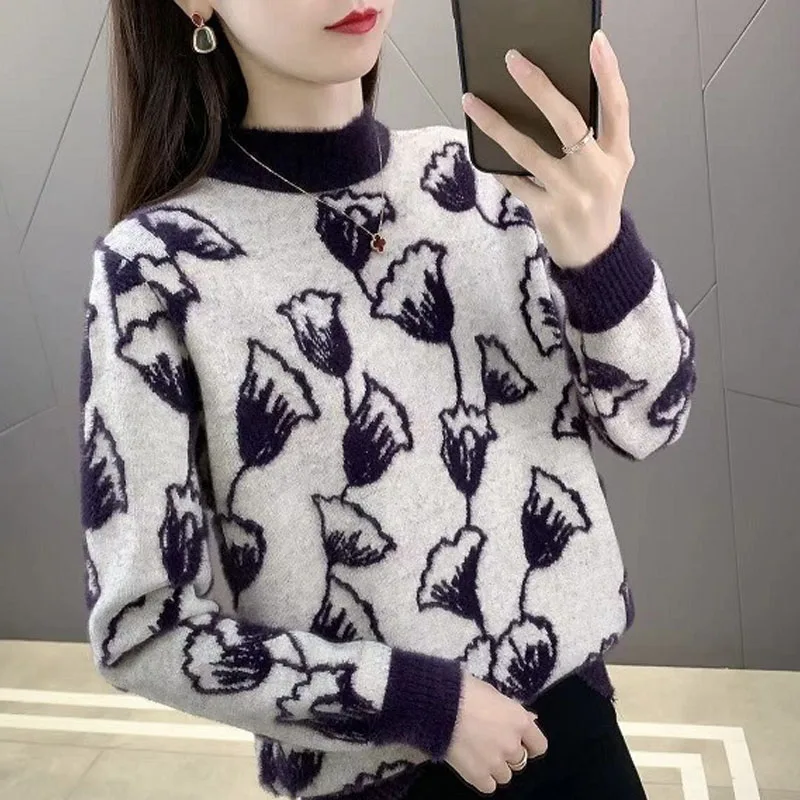 Autumn and Winter Fashion Hong Kong Style Half High Neck Westernized Butterfly Jacquard Imitation Mink Fleece Loose Sweater