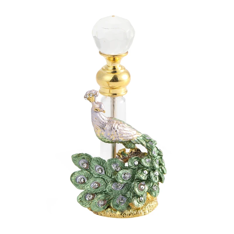 7ml 3D Peacock Refillable Empty Perfume Bottle Metal Enamel Green&Gold Sculpture Decor Diamond Cap Clear Tube Dripper Gift Box