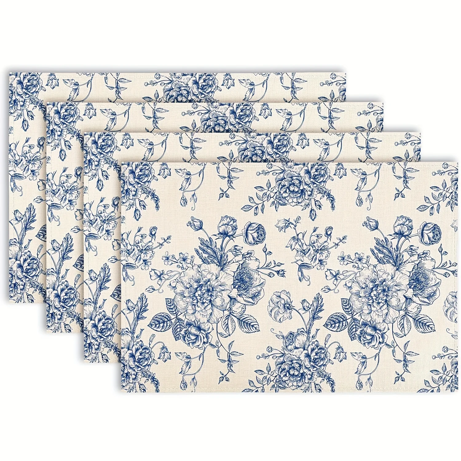 4pcs, Vintage Floral Linen Placemats Blue Flower Table Mats Table Dinner Mats for Home Kitchen Decor, 12 x 18 Inch, Set of 4, Bl