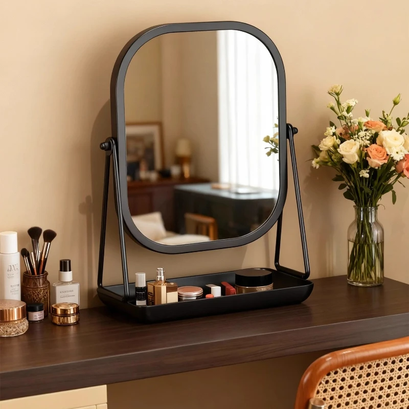 Rotating makeup mirror, light luxury style desktop with chassis, can store large makeup mirror, home dressing table mirror
