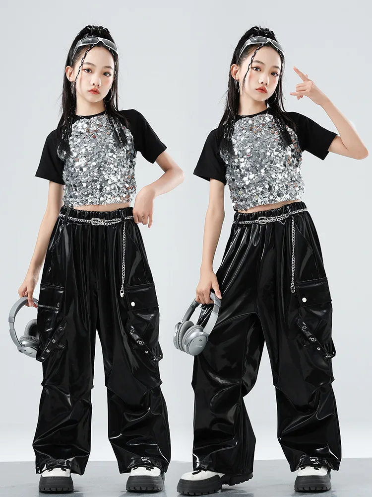 2025 الفتيات ملابس رقص الجاز موضة Kpop المرحلة الزي الترتر المحاصيل القمم الأسود خلط السراويل الهيب هوب زي الشارع الشهير VDL4586 #3