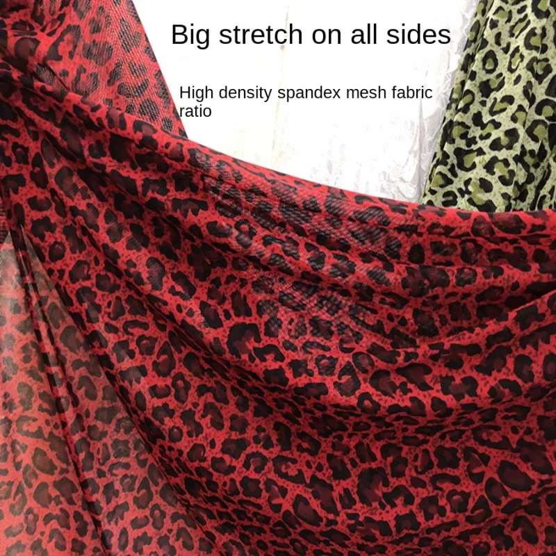 Swimsuit  Big Red Encrypted Spandex Mesh Leopard Print Fabric Stage Performance Costumes Latin Dance Costume Fabric