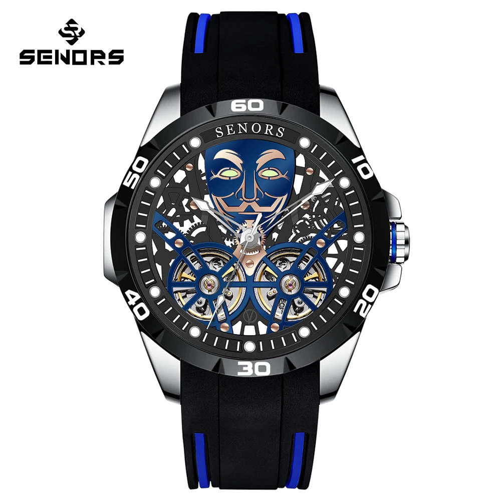 SENORS SN207 Men`s Watch Automatic Mechanical Watches Men Skeleton Double Tourbillon Sapphire Glass Clock 316L 3ATM Hollow Watch