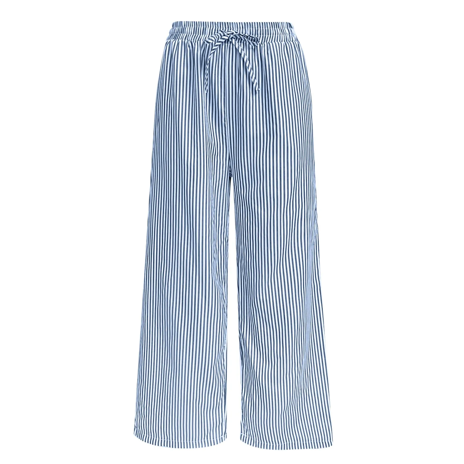 Womens Casual Striped Pants Elastic High Waist Loose Wide Leg Pants Female Summer NEW Trousers Streetwear with Pockets