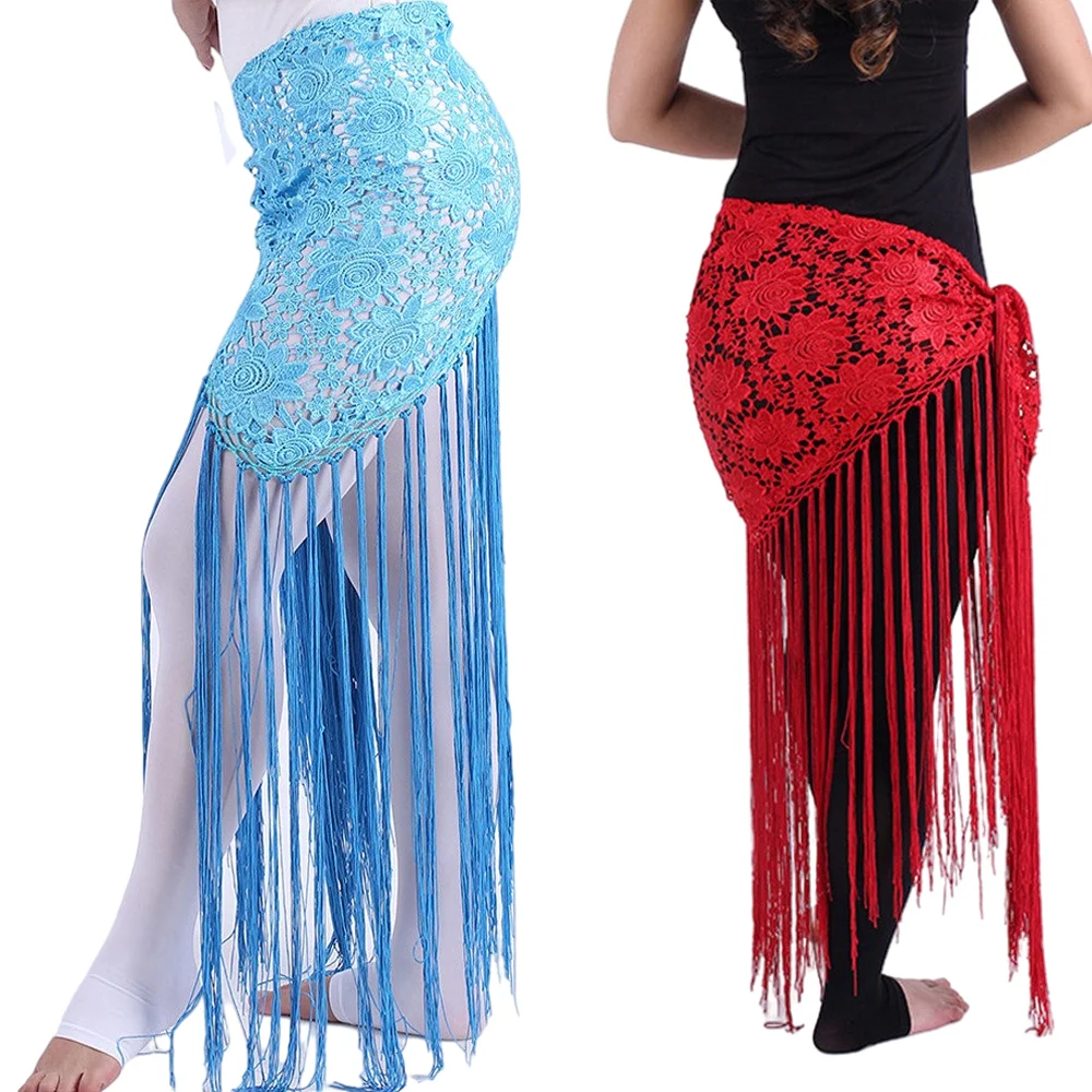 Rose Flower Belt Long Fringe Hand Crochet Triangle Belt Belly Dance Hip Scarf Lace Wrap Skirt Professional Dancewear White Black
