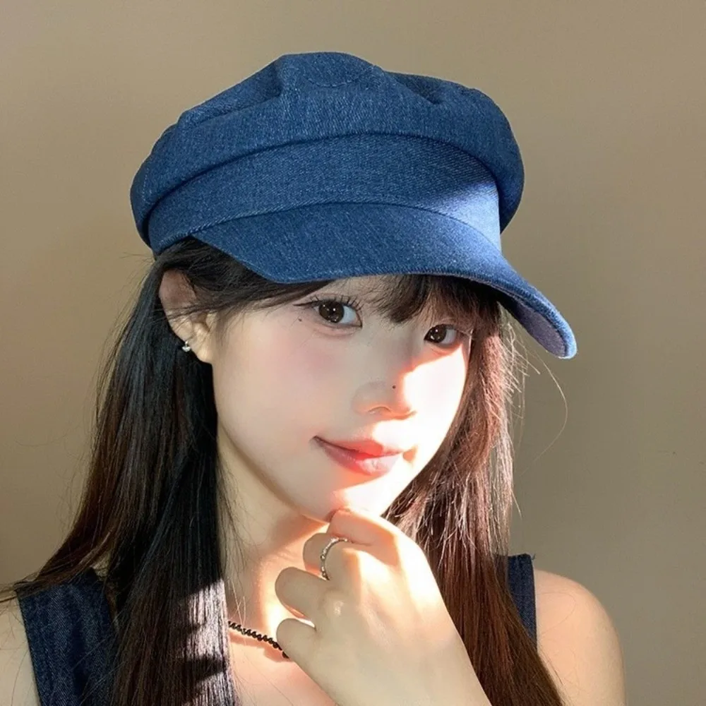 

Retro Vintage Denim Berets Newsboy Leisure Octagonal Cap Women Flat Peaked Hats Streetwear