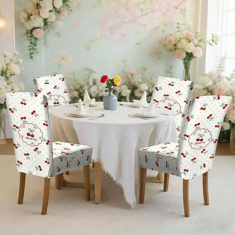 

Набор чехлов для обеденных стульев с плоским принтом и эластичной резинкой, узор красной вишни на белом фоне, легко устанавливается, можно стирать, чехол для стула.