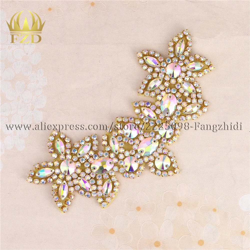 (30pieces) Wholesale Sewing On Crystal Beaded AB Rhinestone Applique for Wedding Dress Bridal Sash Clothing Decorative Trim