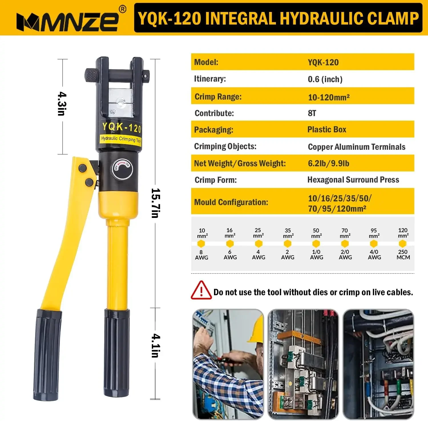 12 Ton Hydraulic Cable Lug Crimper Pliers 8 AWG to 250 MCM Hand Operated Hydraulic Crimping Tool Kit