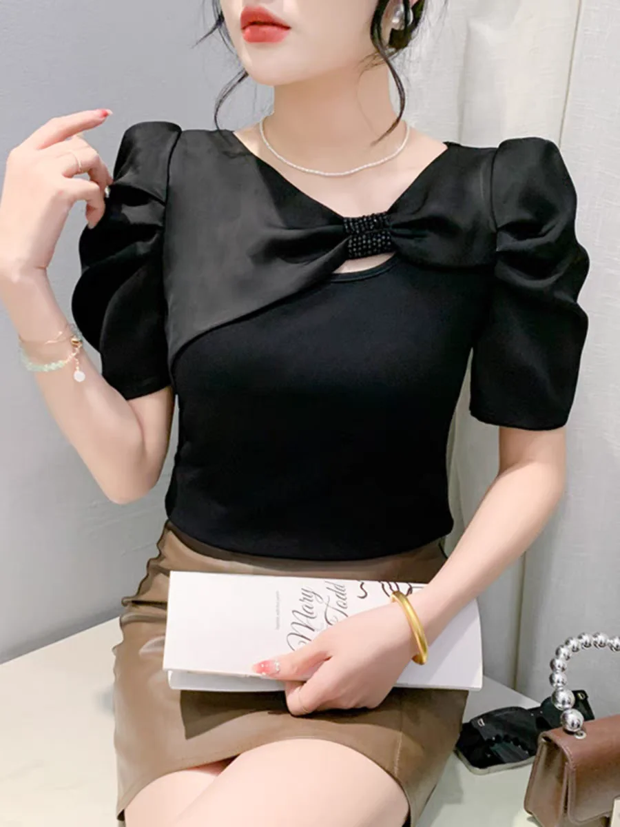 Lady Skew Collar Cotton T Shirts Tees Female Short Puff Sleeve Hollow Out Folds Tshirt Fashion Tops For Women HF8916