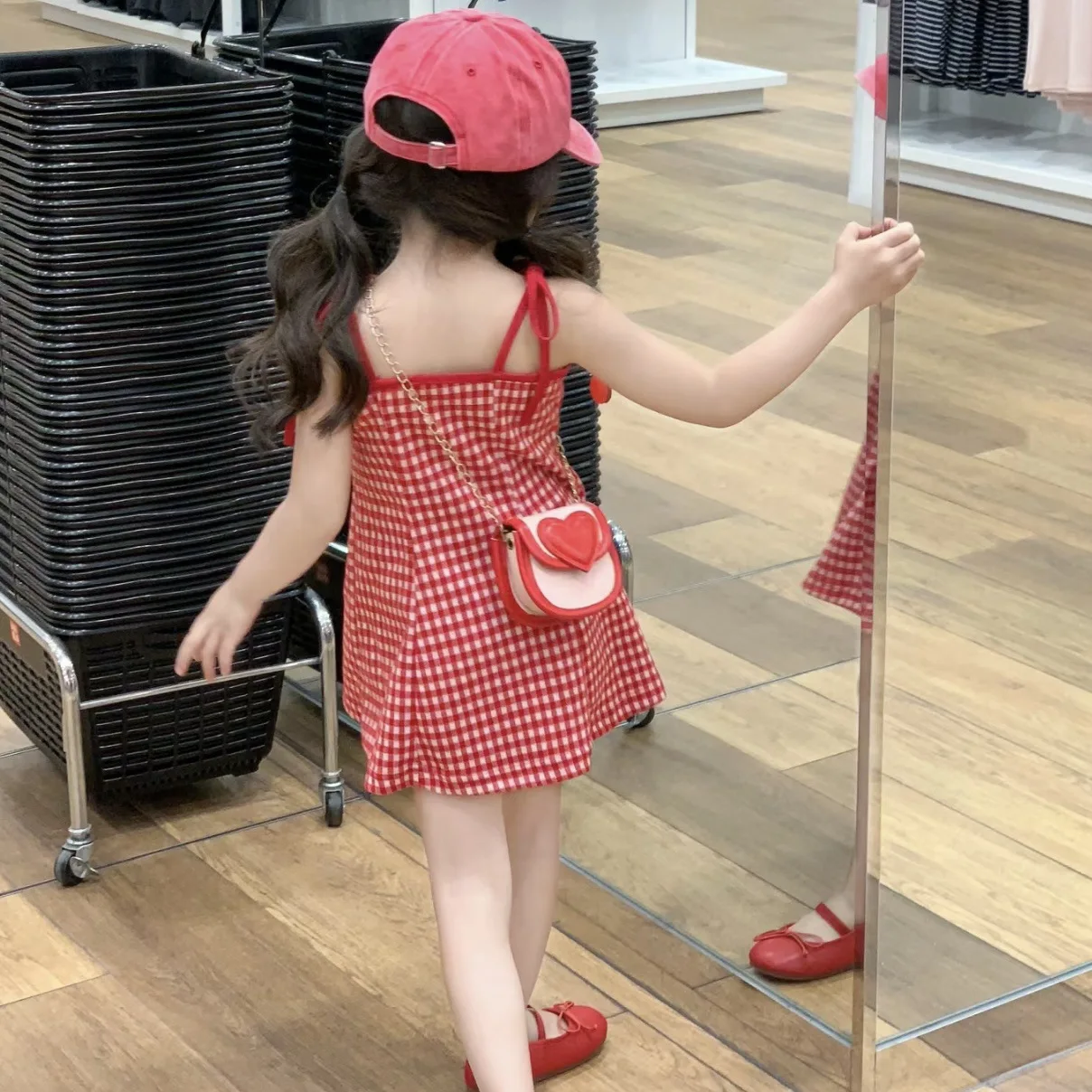 Girl Dress 2024 Summer Korean Style Children Wear Girls Stylish Small Plaid Slip Dress Short Skirt Sweet Dress Baby Girl Skirt