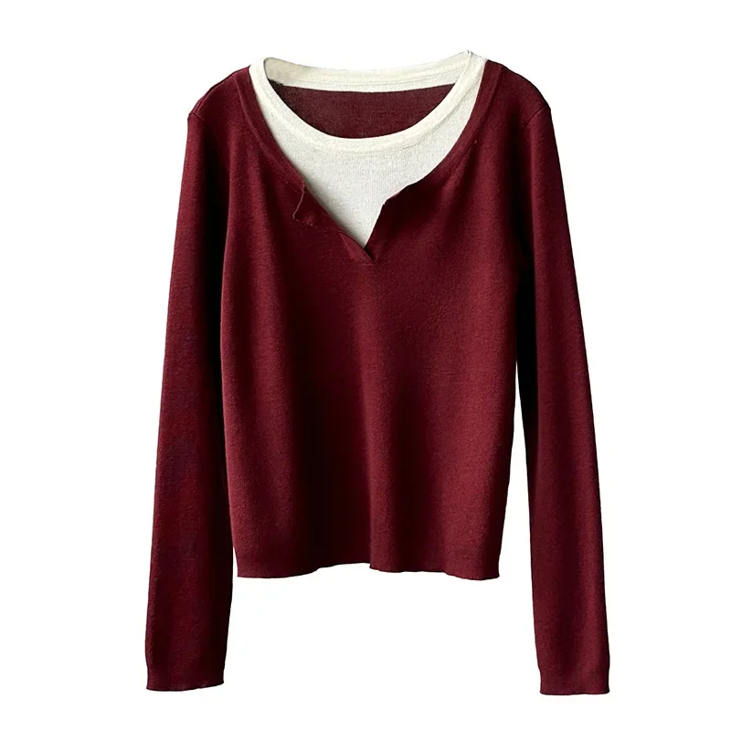 Contrast color fake two-piece bottoming shirt for women 2024 autumn long-sleeved T-shirt sweater inner top