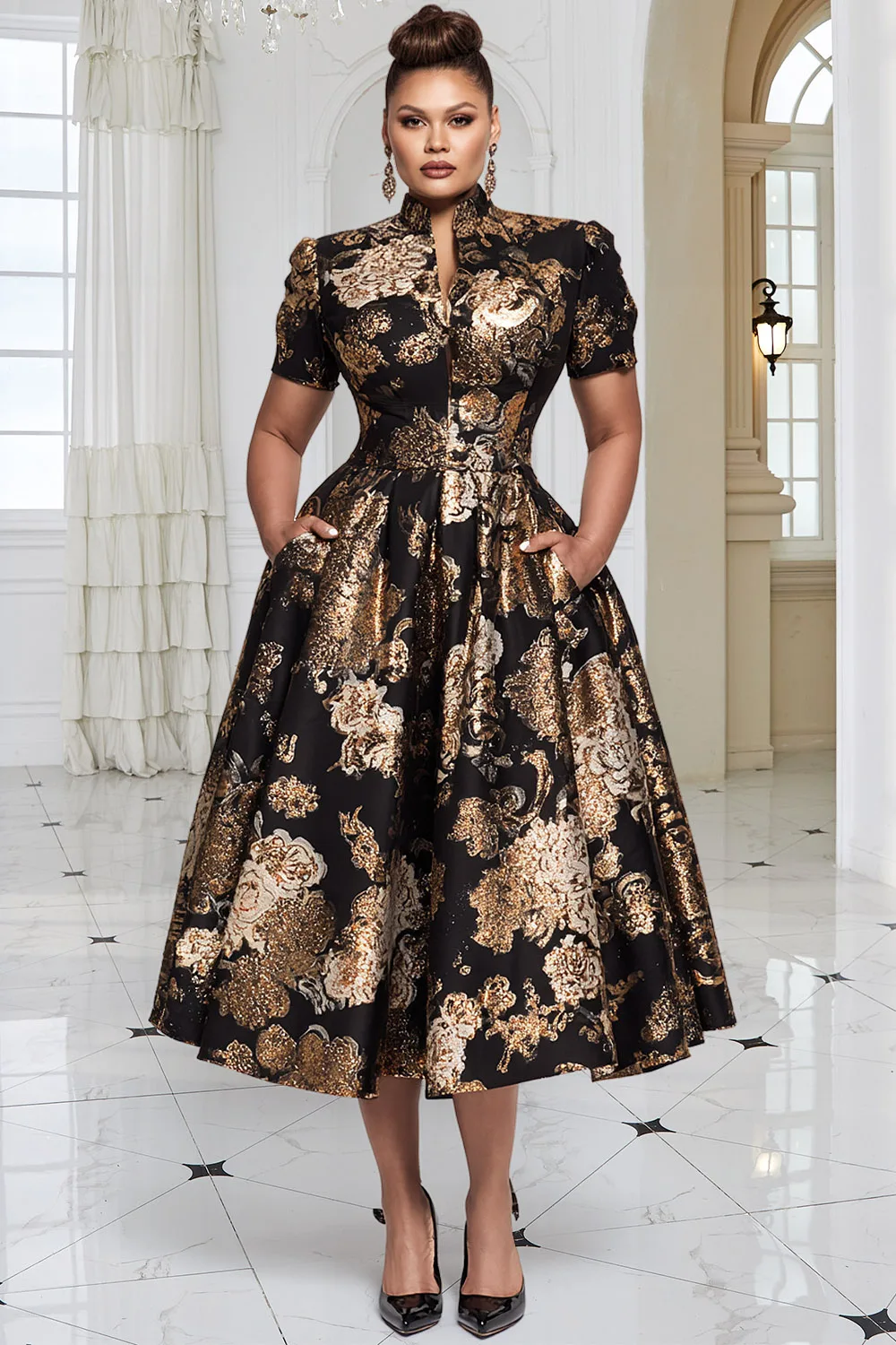 

Plus Size Formal Black All Over Print Stand-Up Collar Short Sleeve Pocket Elegant Satin Midi Dresses