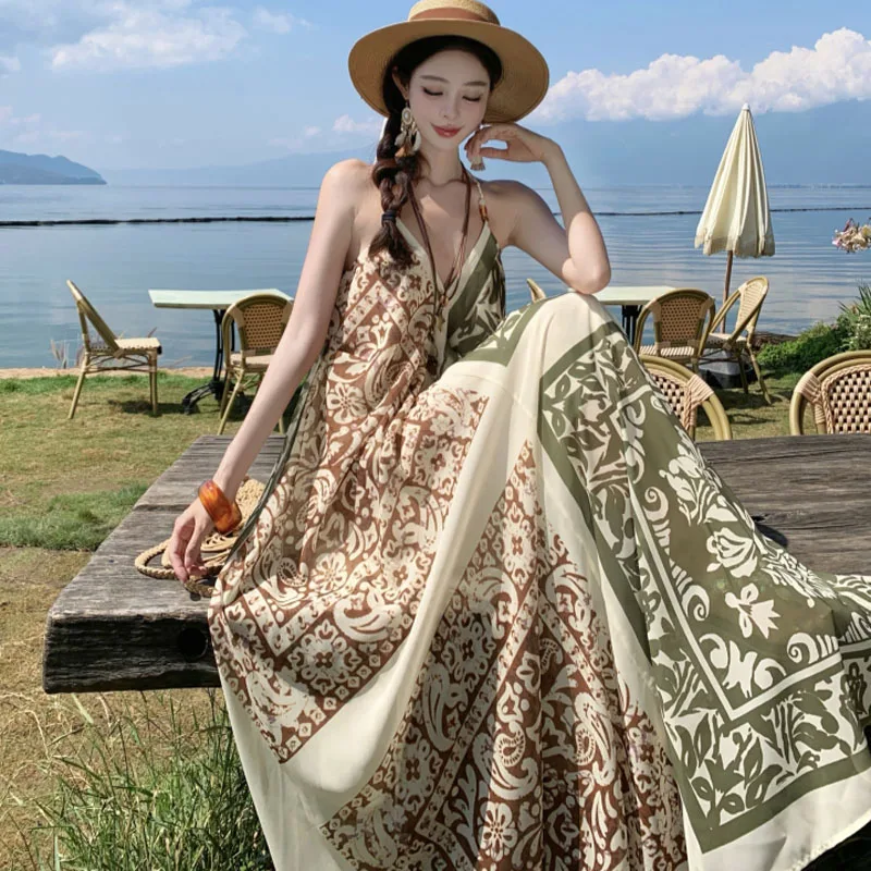 Abito lungo da vacanza Boho con stampa vintage per donna Sexy scollo a V Sling femminile 2025 Abito da spiaggia allentato casual nuova estate