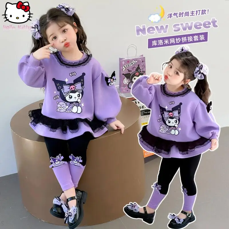 

Anime Kuromi Girls' Hoodie Sanrio Spring Autumn Children's New Cartoon Kawai Fashion Lace Leggings Set Sweet Casual Soft Tops
