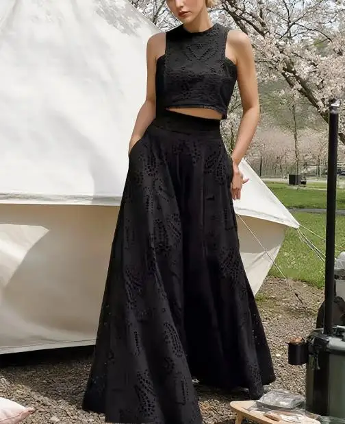 

Модный и повседневный ажурный жилет без рукавов и юбка трапециевидной формы с высокой талией для лета, элегантный женский комплект